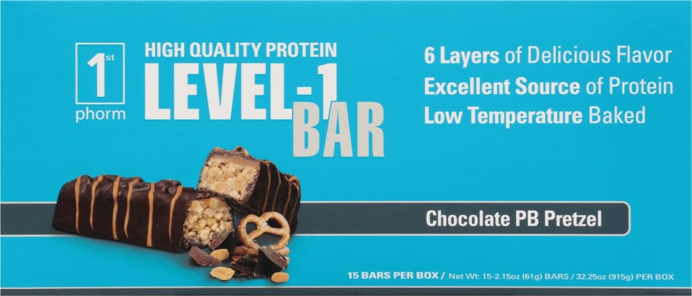 slide 4 of 4, 1St Phorm Level-1 Bar Chocolate Peanut Butter Pretzel Protein Bars, 15 ct / 32.25 oz