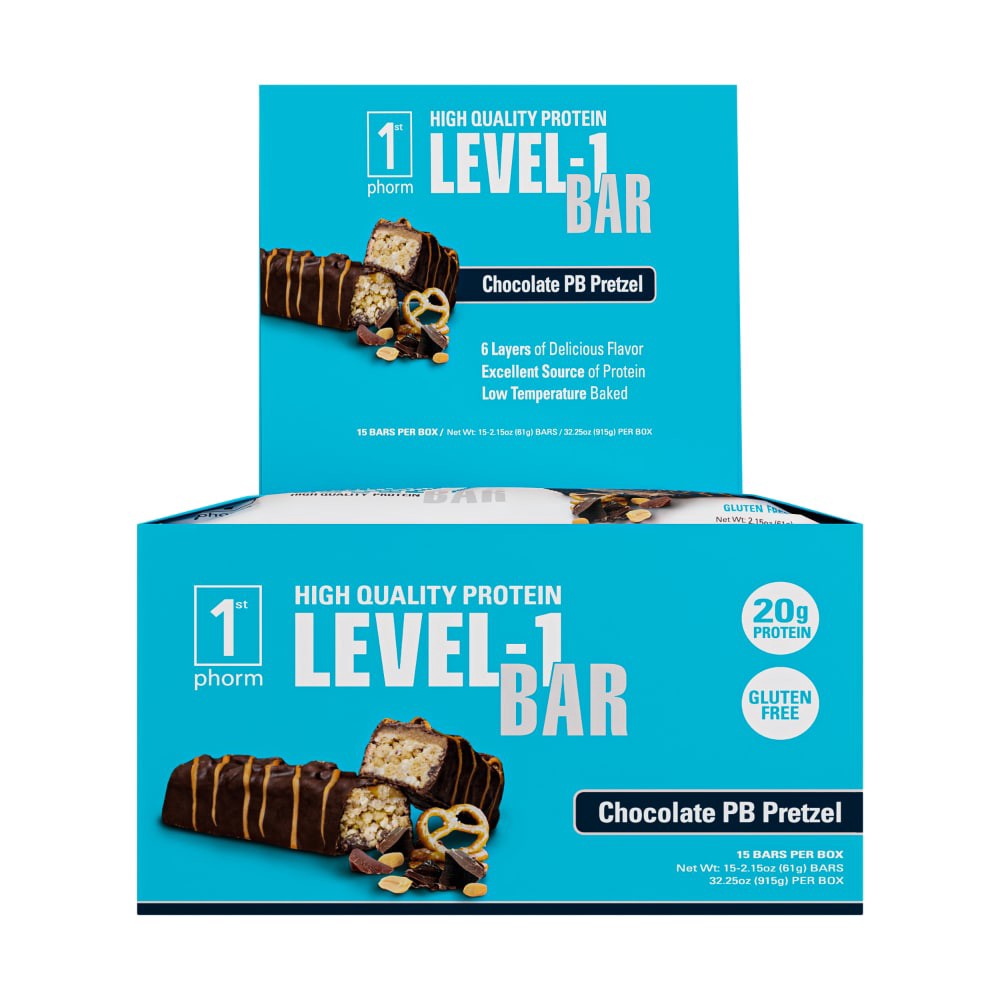 slide 2 of 4, 1St Phorm Level-1 Bar Chocolate Peanut Butter Pretzel Protein Bars, 15 ct / 32.25 oz