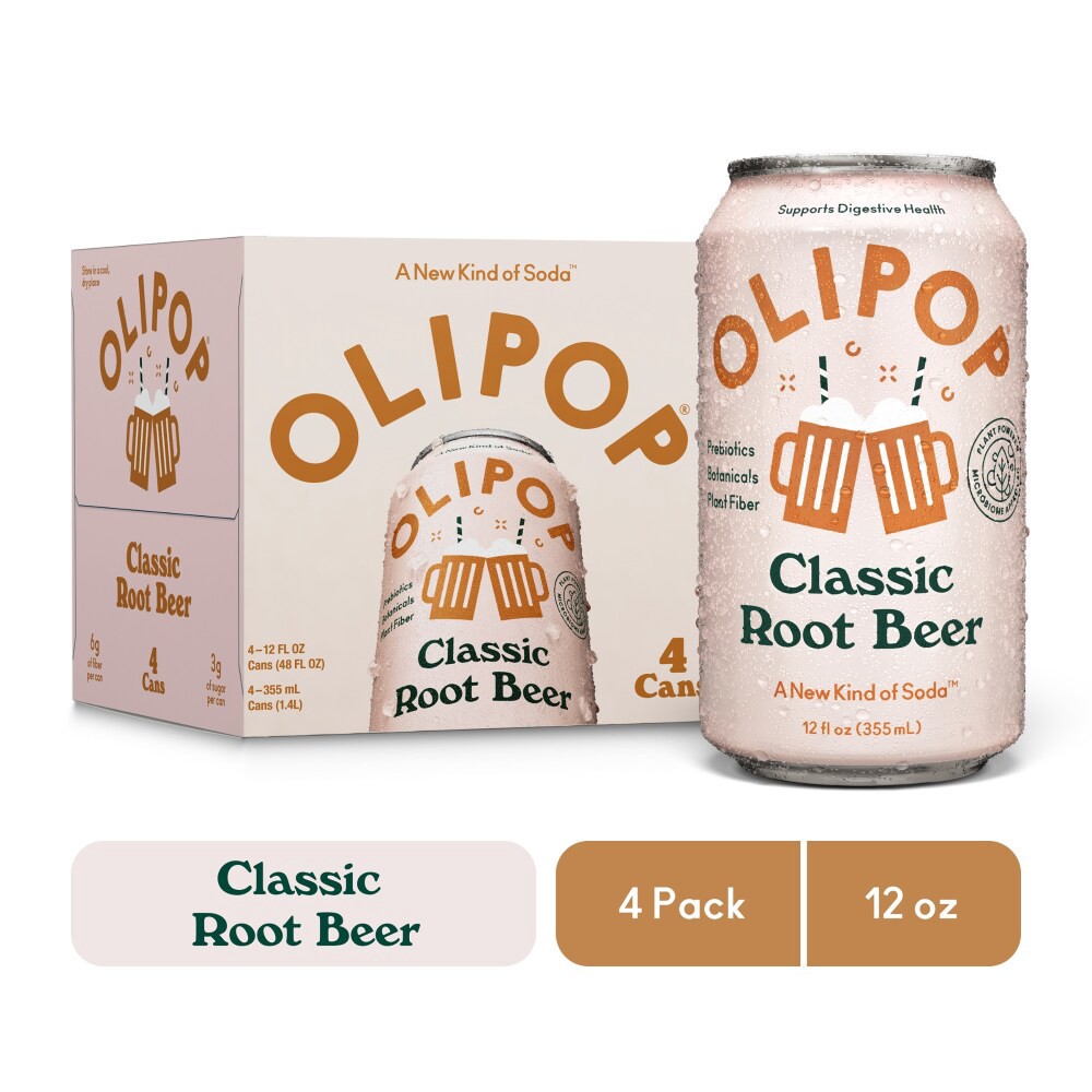 slide 3 of 3, OLIPOP Classic Root Beer Prebiotic Soda - 4ct/12 fl oz Cans, 4 ct; 12 oz