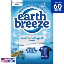 Earth Breeze Eco Liquidless Soap Fragrance Free Laundry Detergent Sheets, 60 Load