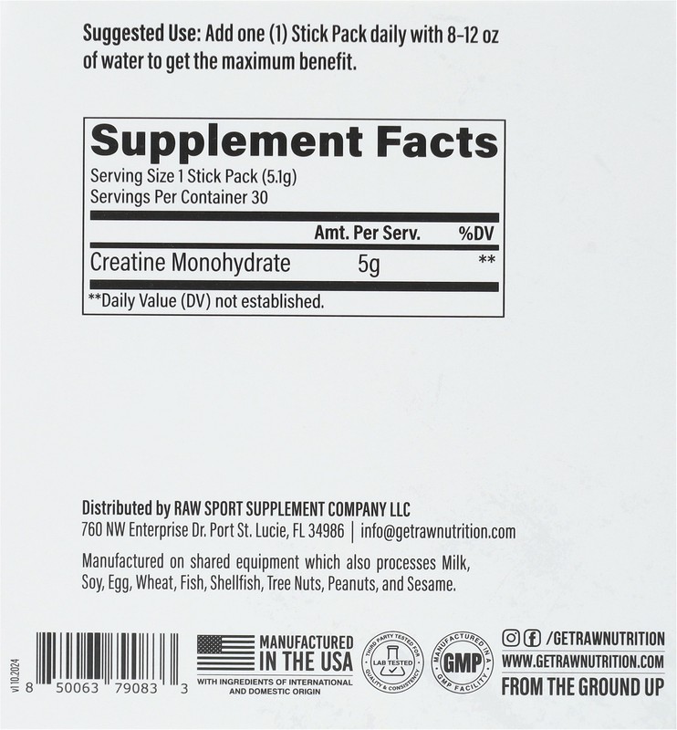 slide 5 of 5, Raw Stick Packs Unflavored Creatine Monohydrate, 30 ct