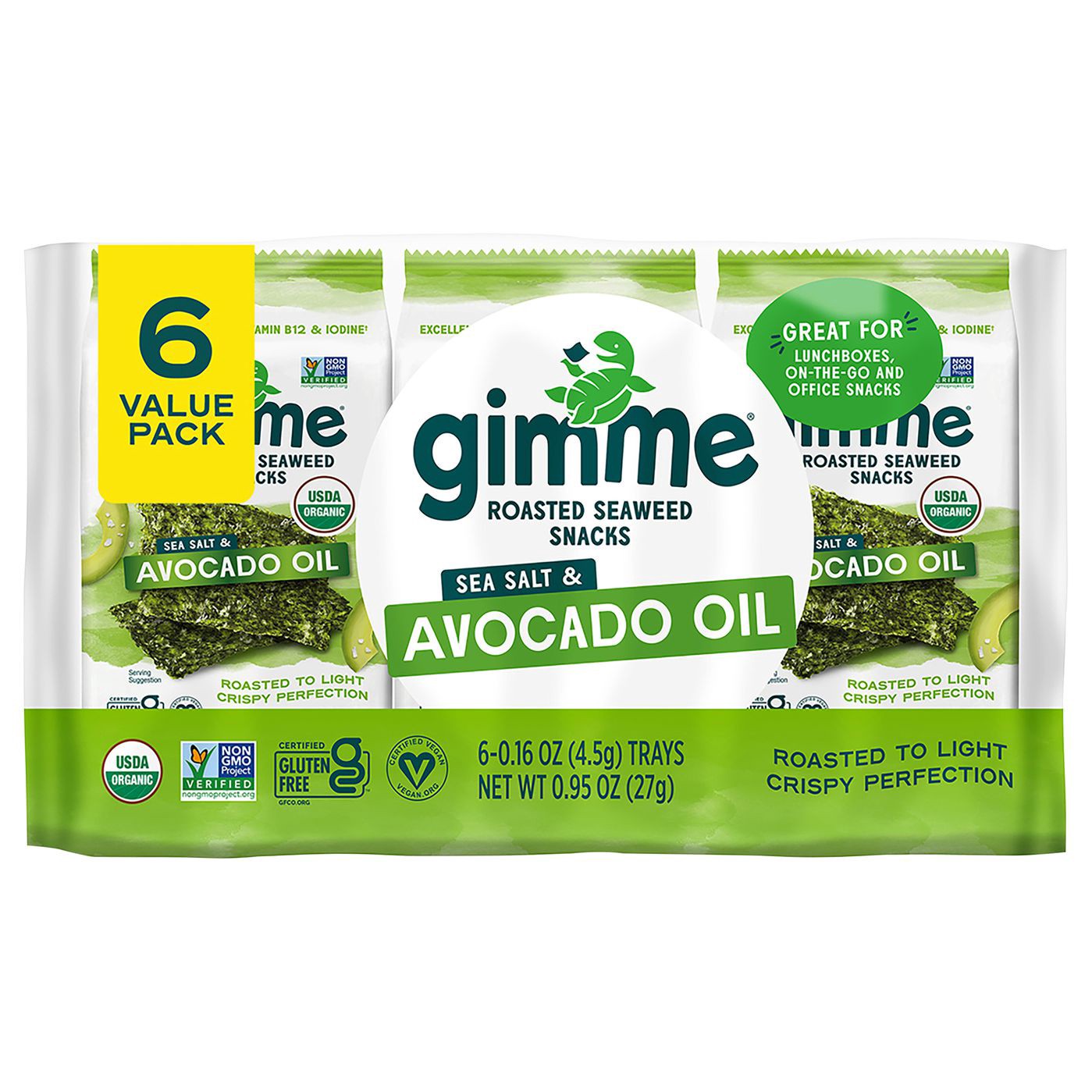 slide 1 of 1, gimMe Organic Roasted Sea Salt & Avocado Oil Seaweed Snacks Value Pack 6 - 0.16 oz Trays, 6 ct