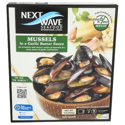 slide 1 of 1, Next Wave Seafood Garlic Butter Mussels, 16 oz