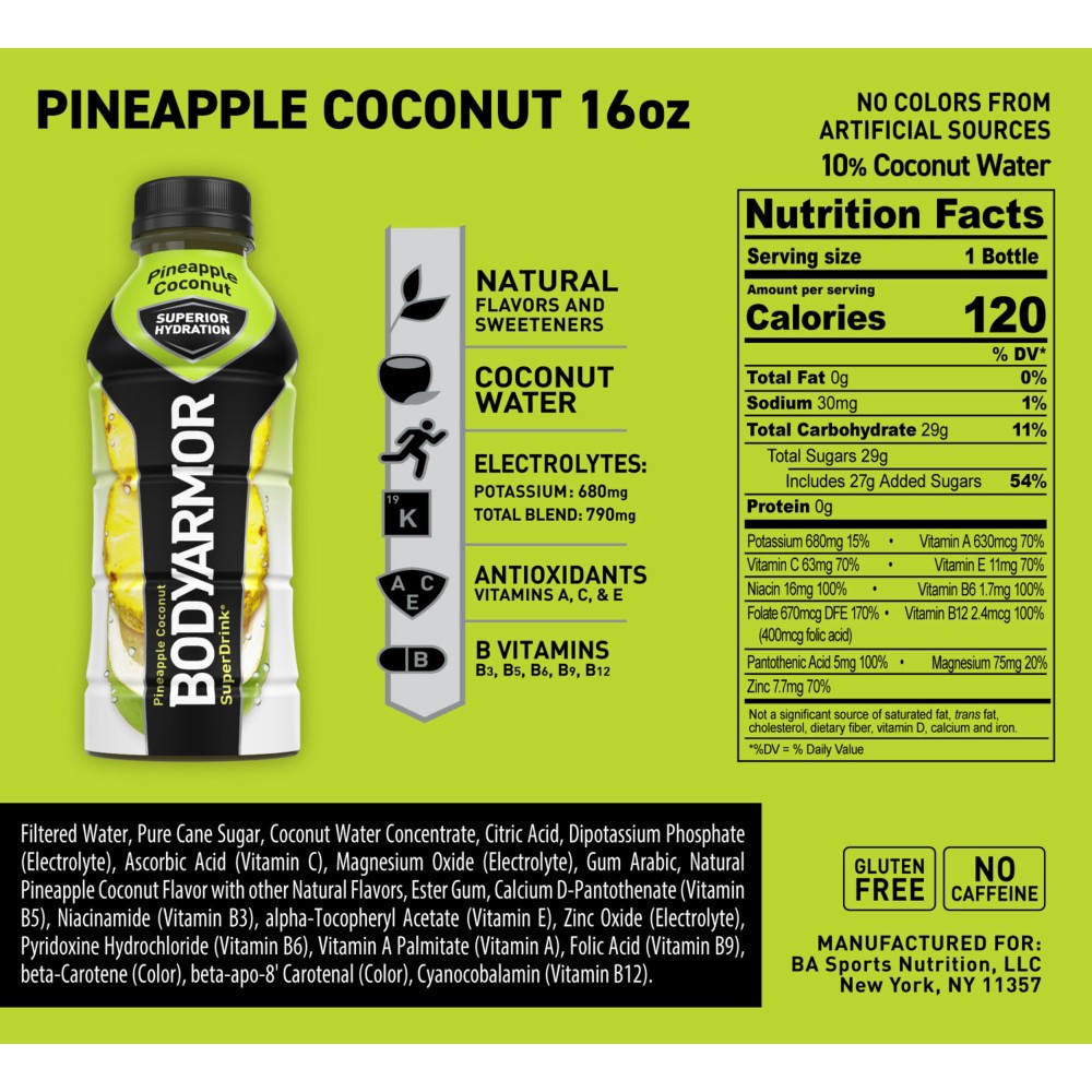 slide 2 of 6, BODYARMOR Pineapple Coconut Electrolyte Sports Drink, 16 fl oz Bottle, 16 fl oz