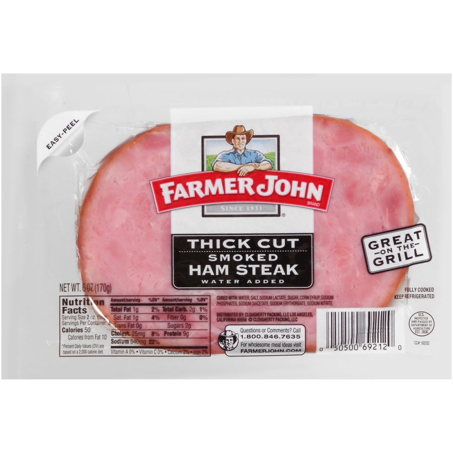 slide 1 of 6, Farmer John Sliced Thick Cut Smoked Ham Steak, 6 oz