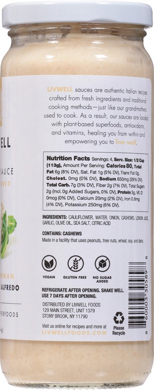 slide 4 of 5, Livwell Cauliflower Alfredo Pasta Sauce 16 oz, 16 oz