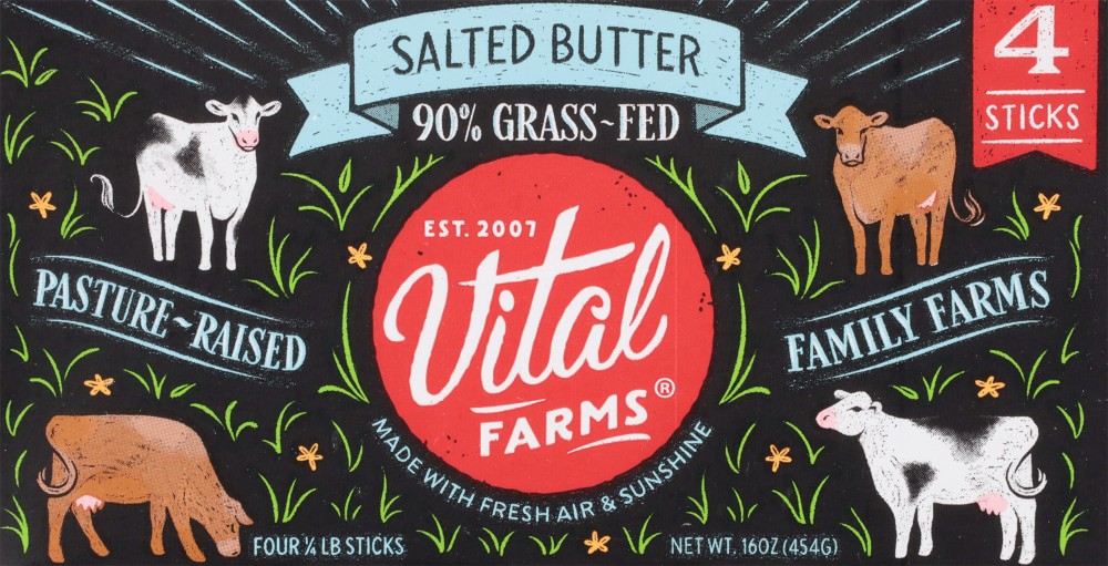 slide 3 of 4, Vital Farms 90% Grass-Fed Pasture-Raised Salted Butter 4 - 0.25 lb Sticks, 4 ct