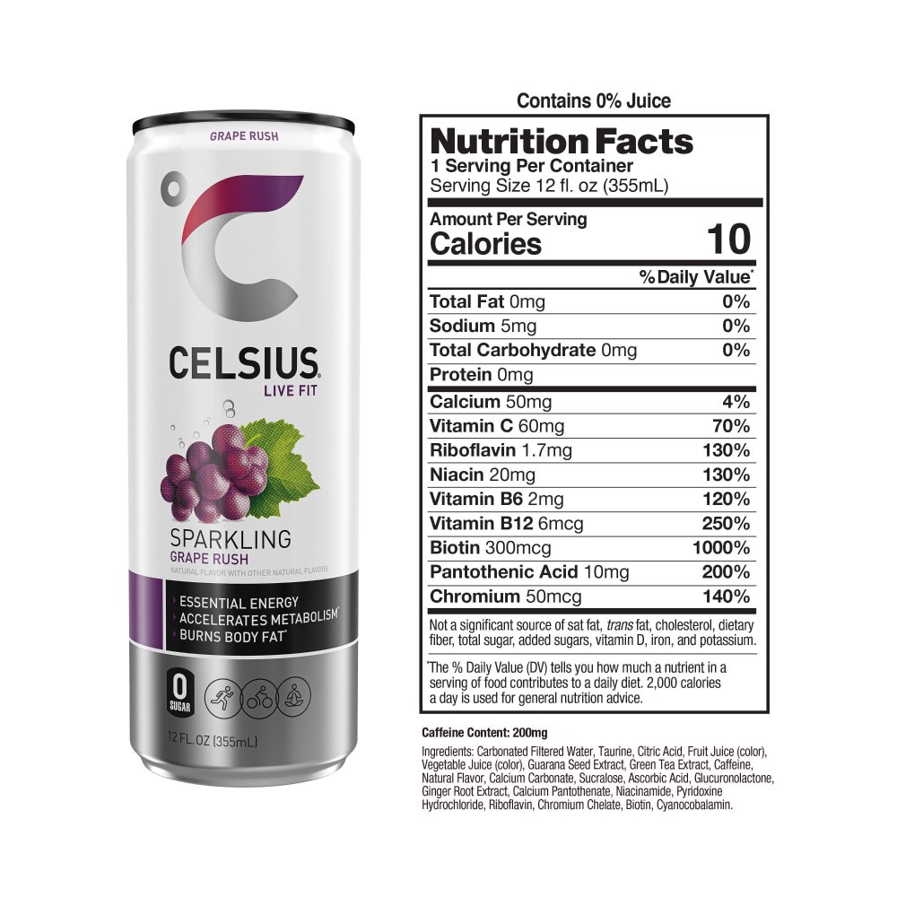 slide 2 of 5, CELSIUS Fitness Drink, Grape Rush, Sparkling, 12 fl oz
