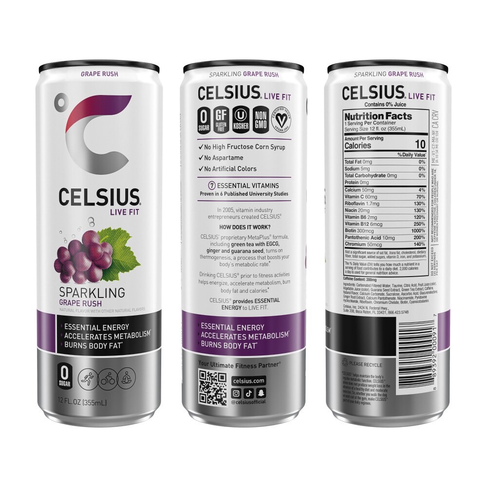 slide 4 of 5, CELSIUS Fitness Drink, Grape Rush, Sparkling, 12 fl oz