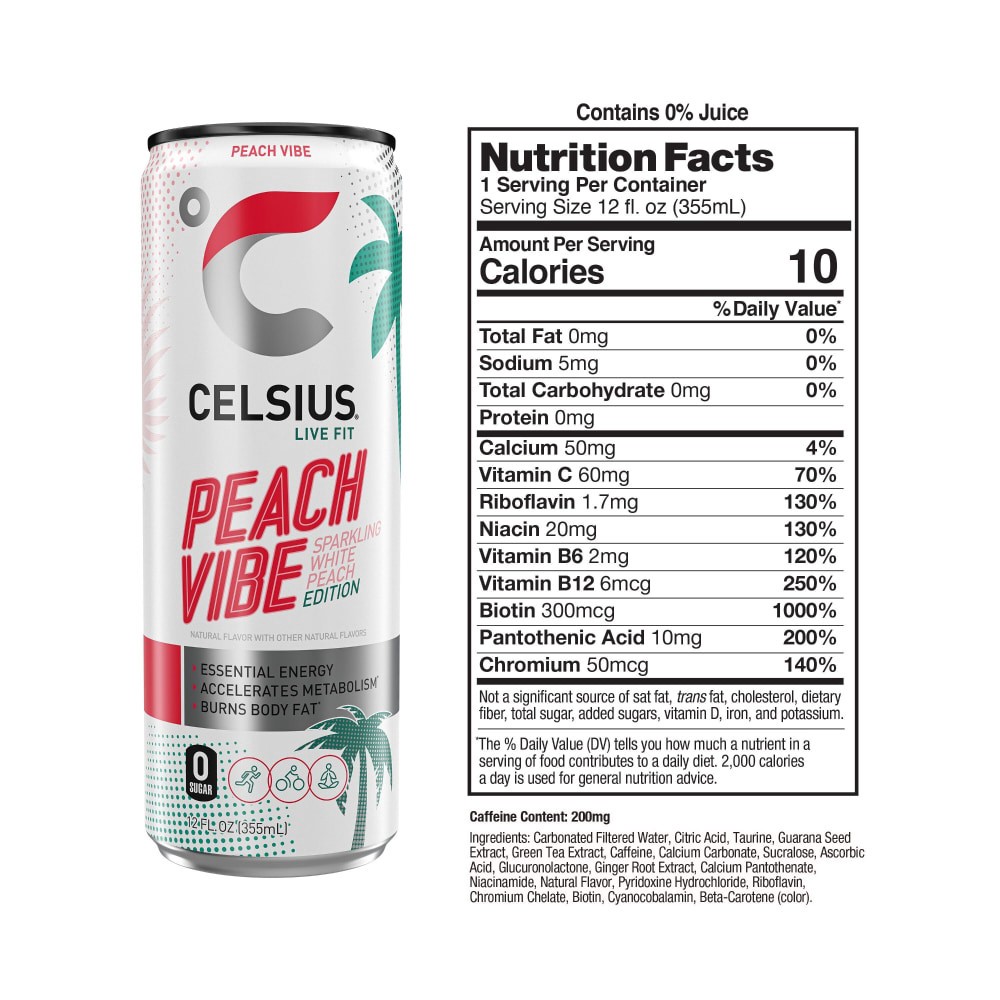 slide 3 of 5, CELSIUS Limited Edition Sparkling Peach Vibe Dietary Supplement Sports Drink, 12 fl oz