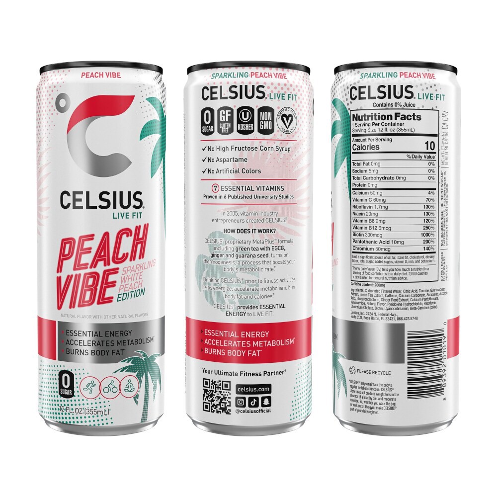 slide 4 of 5, CELSIUS Limited Edition Sparkling Peach Vibe Dietary Supplement Sports Drink, 12 fl oz
