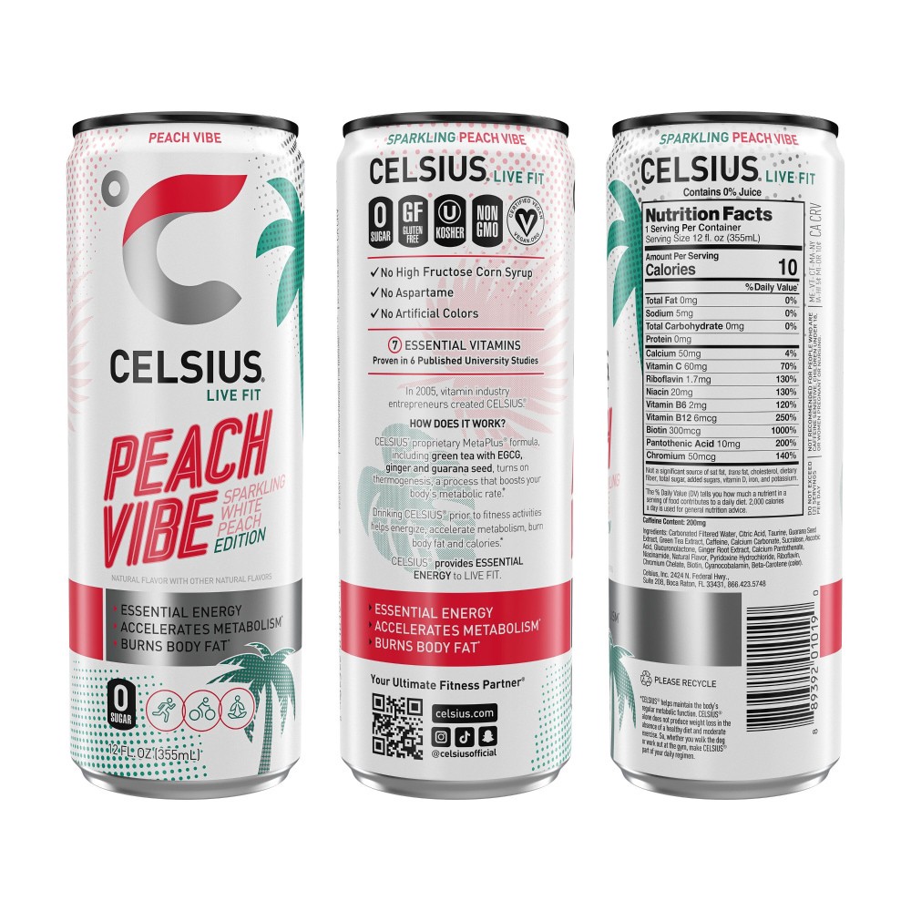 slide 4 of 5, CELSIUS Limited Edition Sparkling Peach Vibe Dietary Supplement Sports Drink, 12 fl oz