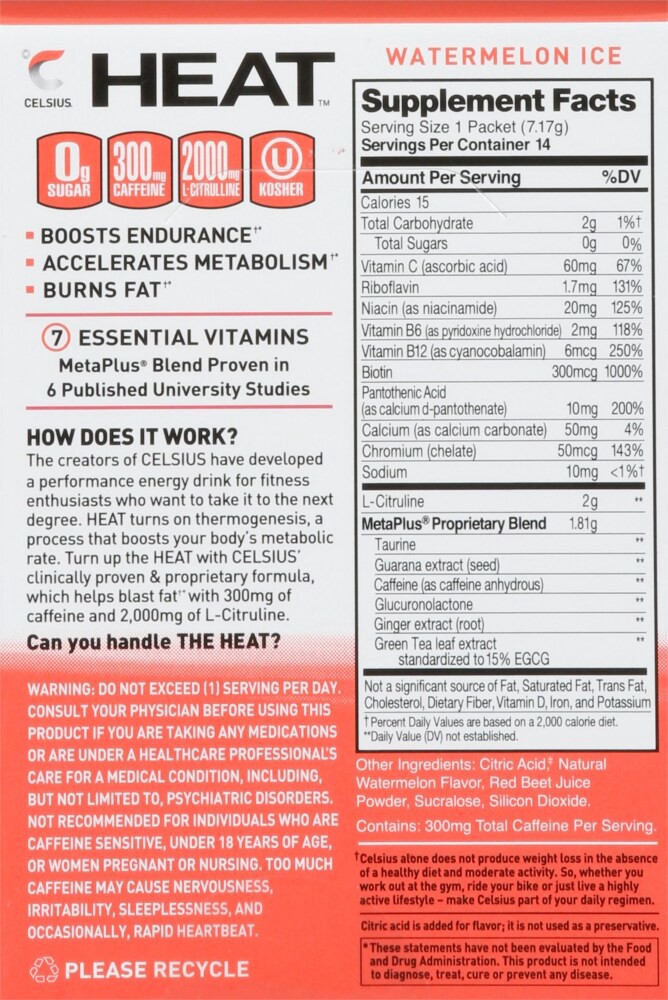 slide 3 of 6, CELSIUS Heat Watermelon Ice Drink Mix 14 ea, 14 ct