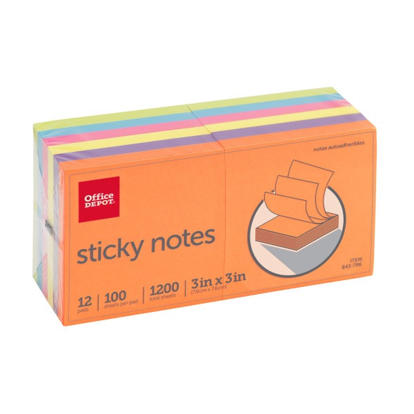 slide 1 of 3, Office Depot Brand Sticky Notes, 3'' X 3'', Assorted Deep Colors, 100 Sheets Per Pad, Pack Of 12, 12 ct