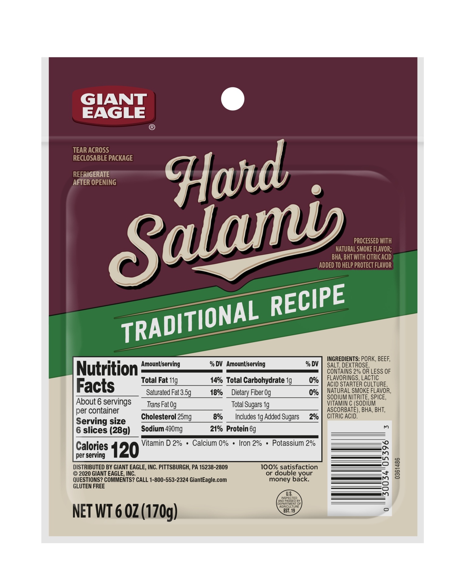 slide 1 of 1, Giant Eagle Sliced Hard Salami, Pillow Pack, 6 oz