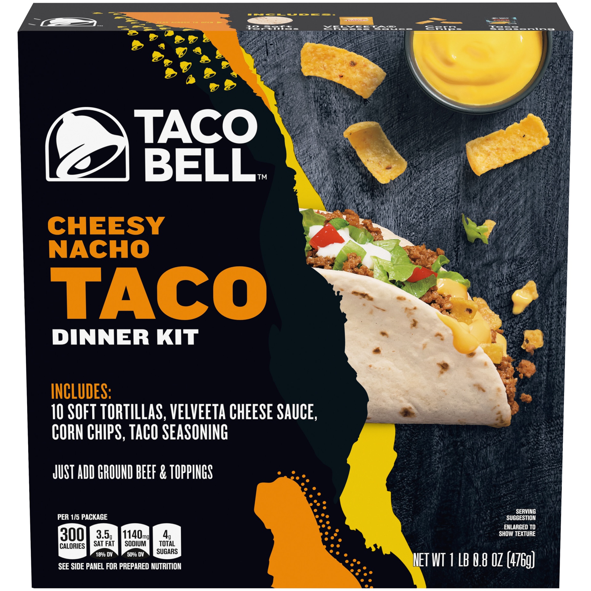 slide 1 of 6, Taco Bell Cheesy Nacho Taco Dinner Kit with 10 Soft Tortillas, Velveeta Cheese Sauce, Corn Chips & Seasoning, 16.8 oz