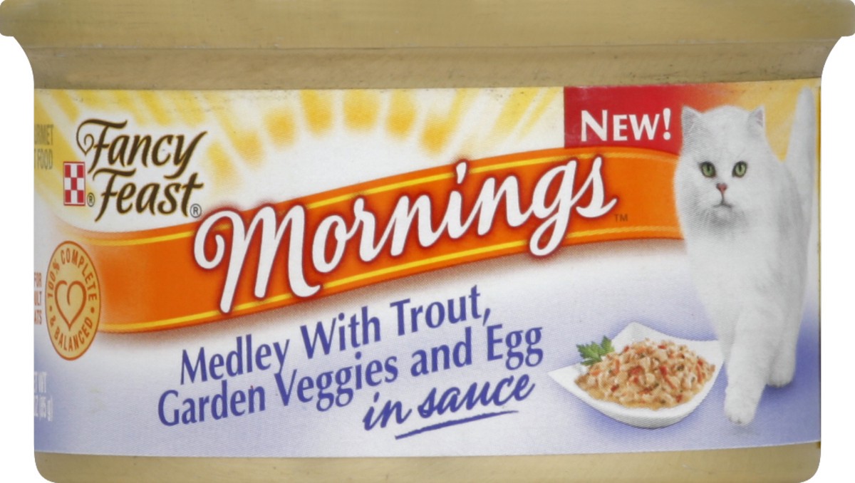 slide 5 of 6, Fancy Feast Mornings Medley with Trout, Garden Veggies and Egg in Sauce Gourmet Cat Food, 1 ct