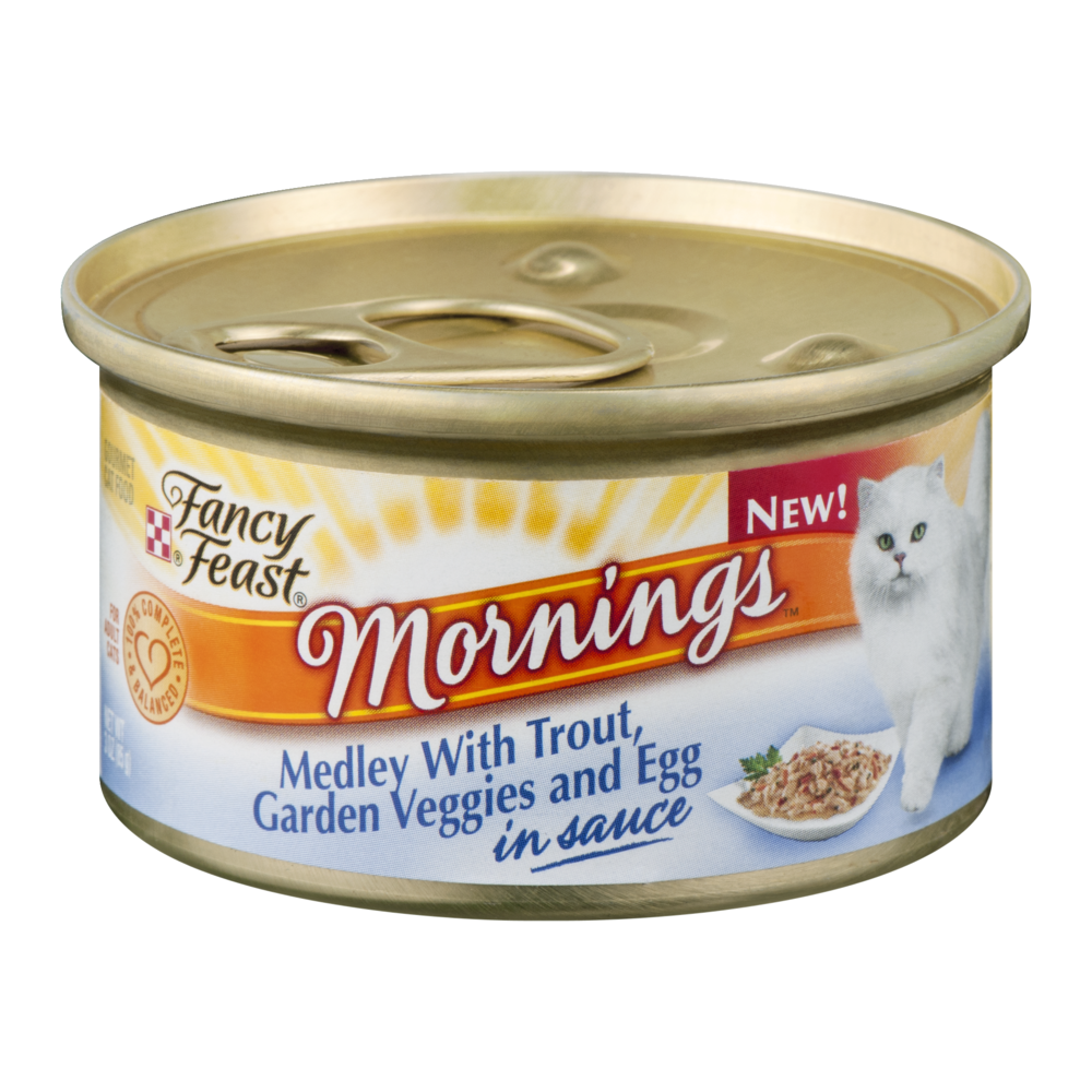 slide 1 of 6, Fancy Feast Mornings Medley with Trout, Garden Veggies and Egg in Sauce Gourmet Cat Food, 1 ct