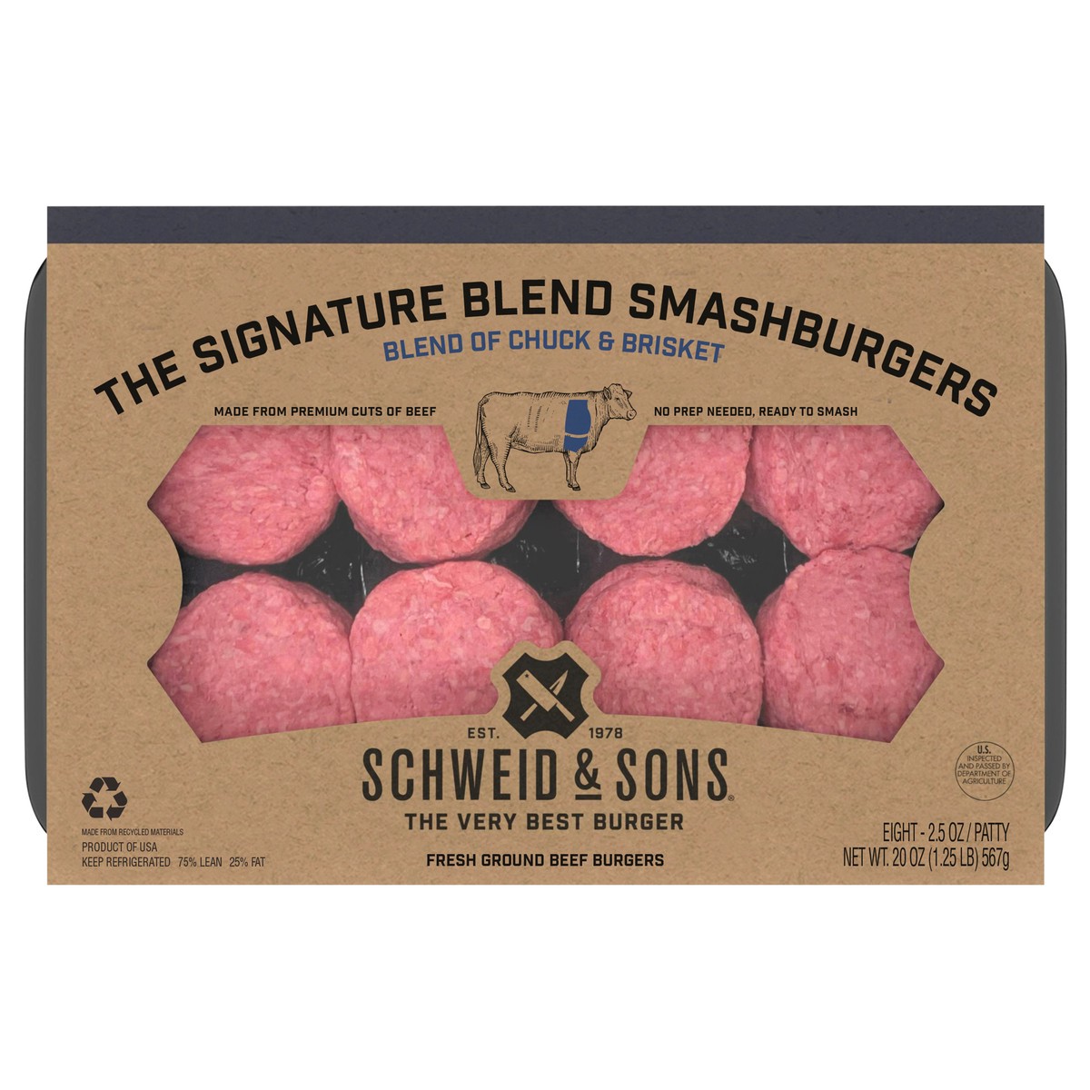 slide 1 of 12, Schweid & Sons The Signature Blend Smashburgers, 8-2.5 Oz 75/25, 20 oz