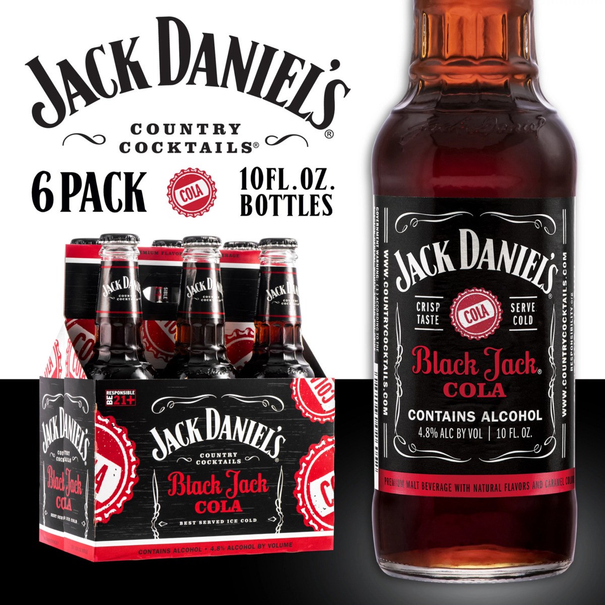 slide 1 of 10, Jack Daniel'S Country Cocktail Malt Black Jack Cola Jack Daniel's Country Cocktails Black Jack Cola, 6 Pack, 10 fl oz Bottles, 4.8% ABV, FMB, 6 ct; 10 fl oz