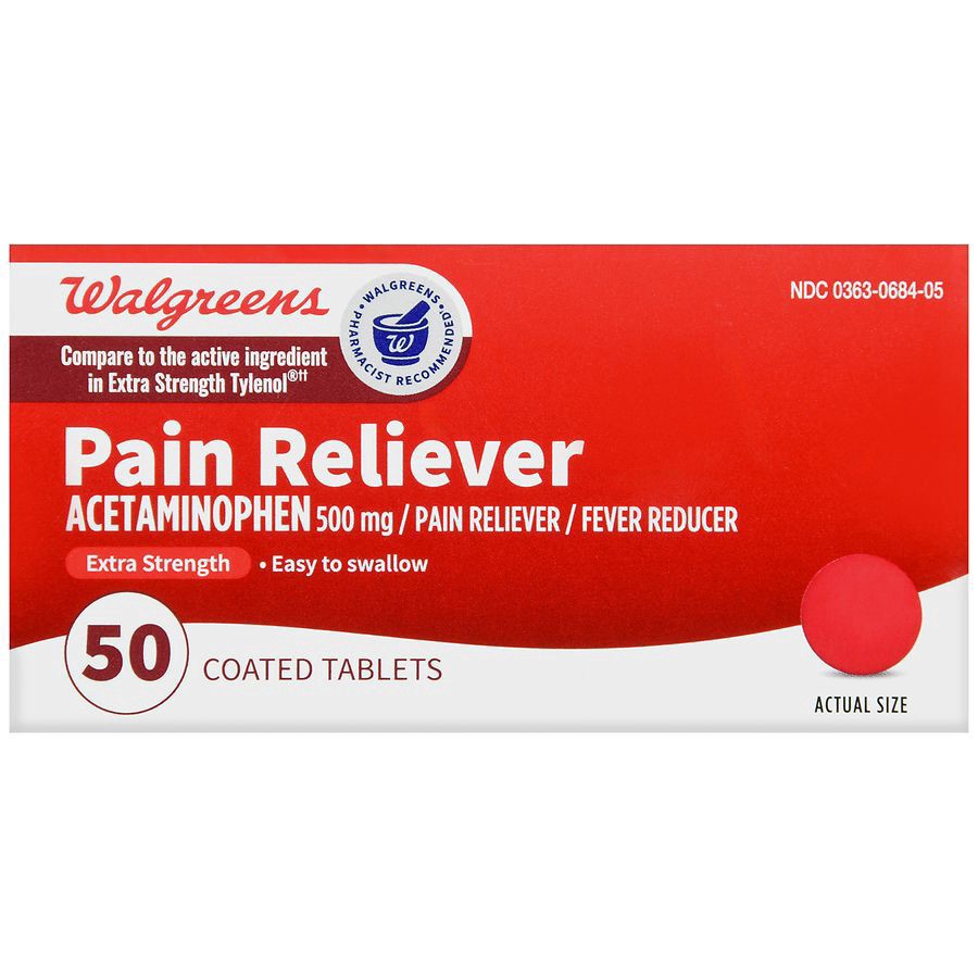 slide 4 of 5, Walgreens Pain Reliever Extra Strength Acetaminophen 500mg, 50 ct