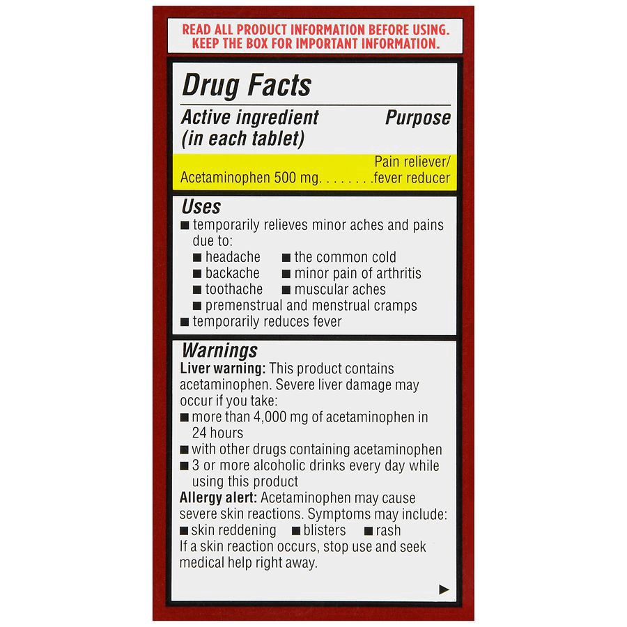 slide 5 of 5, Walgreens Pain Reliever Extra Strength Acetaminophen 500mg, 50 ct