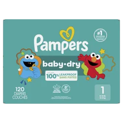 Pampers Baby Dry Diapers, Size 1 (8-14 lbs), 120 Count, Up to 100% leakproof disposable diaper