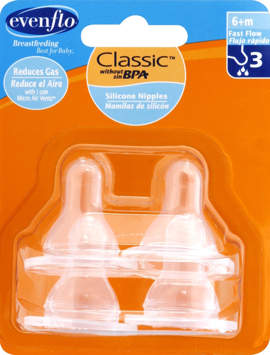 slide 1 of 7, Evenflo 8M+ Fast Flow Silicone Nipples 4-Pack, 1 ct