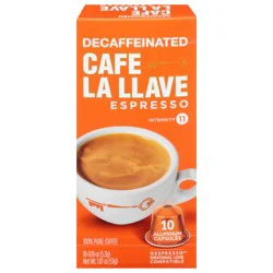 Café La Llave Capsules Intensity 11 Decaffeinated 100% Pure Espresso Coffee 10 - 0.19 oz Capsules