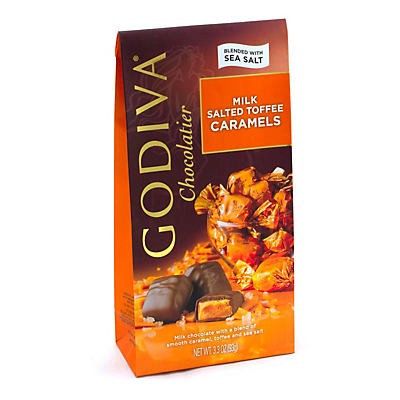 slide 1 of 4, Godiva Chocolatier Milk Chocolate Salted Toffee Caramels, 3.3 oz