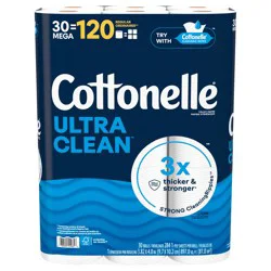 Cottonelle Ultra Clean Toilet Paper, Strong Toilet Tissue, 30 Mega Rolls (30 Mega Rolls = 120 Regular Rolls), 284 Sheets Per Roll