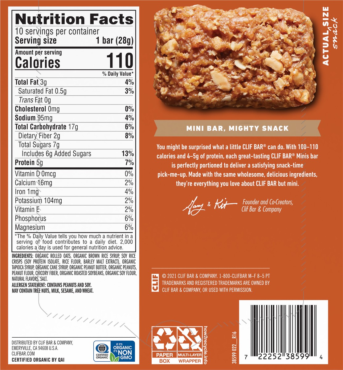slide 5 of 9, CLIF BAR Minis - Crunchy Peanut Butter - Made with Organic Oats - 5g Protein - Non-GMO - Plant Based - Snack-Size Energy Bars - 0.99 oz. (10 Pack), 0.99 oz, 10 ct