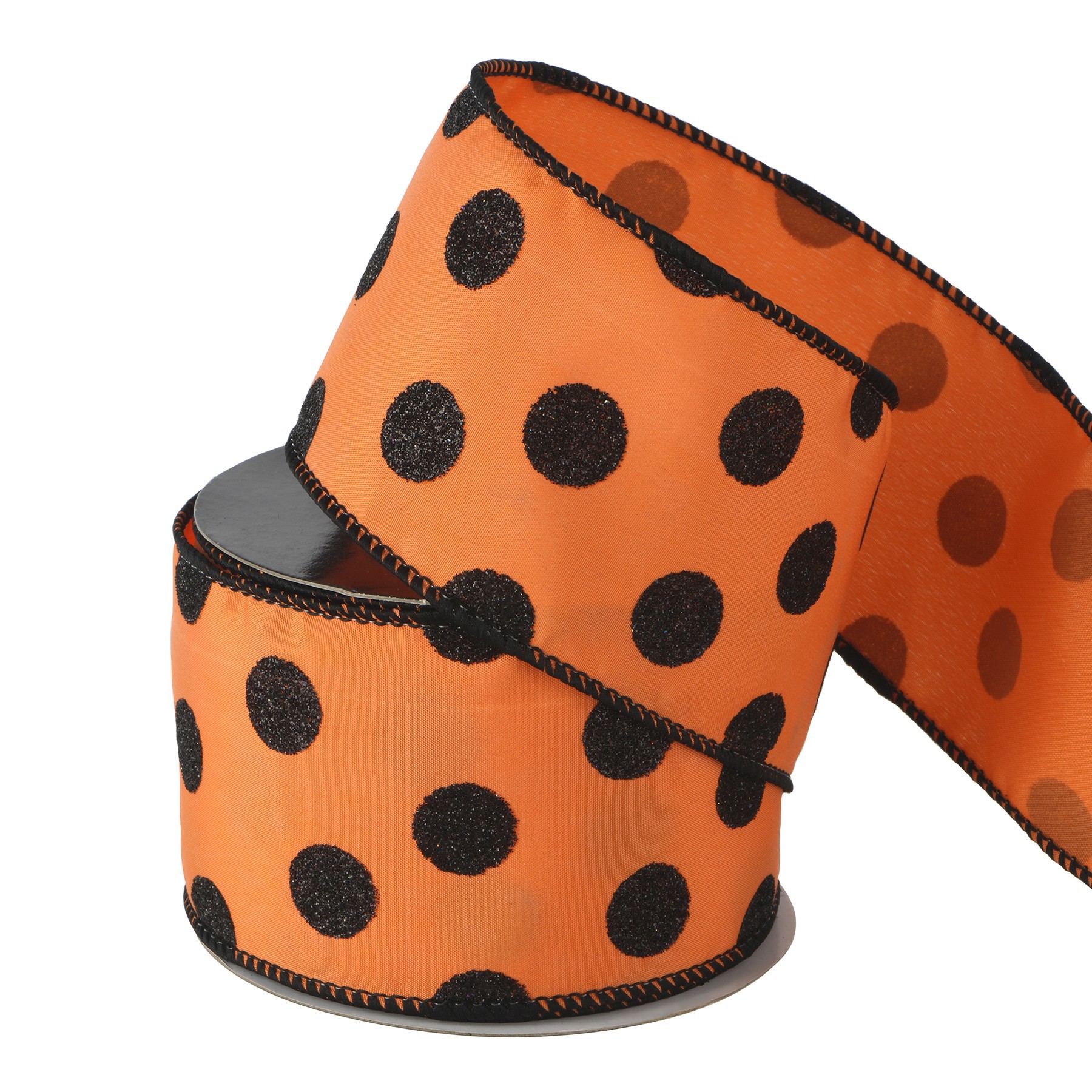slide 3 of 3, 2.5" X 6.6yd. Orange With Black Glitter Dots Wired Faux Linen Ribbon By Celebrate It, 2.5 in x 6 yd