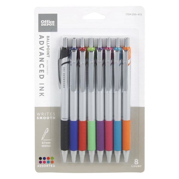 slide 1 of 10, Office Depot Brand Advanced Ink Retractable Ballpoint Pens, Needle Point, 0.7 Mm, Assorted Barrels, Assorted Ink Colors, Pack Of 8, 8 ct
