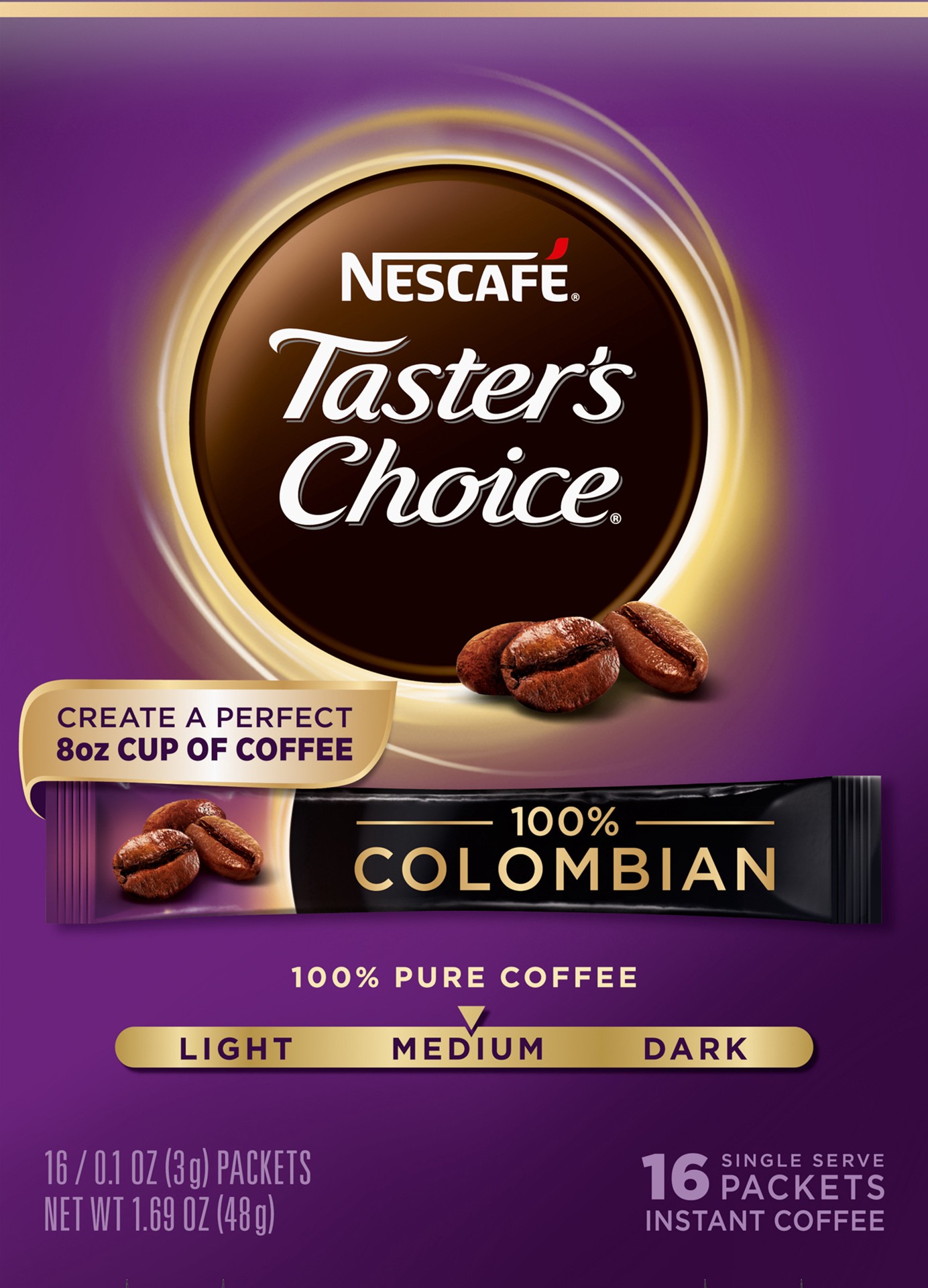 slide 1 of 4, Nescafé Taster's Choice, Colombian Medium Roast Instant Coffee, 1 box (16 packets) - 16 ct, 1.69 oz