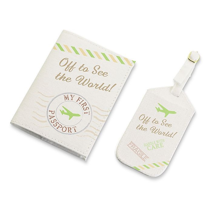 slide 1 of 1, Lillian Rose Off to See the World!'' Luggage Tag and Passport Cover Set - Tan'', 1 ct