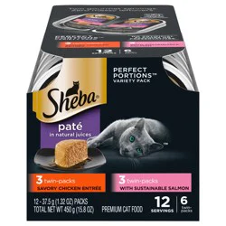 Sheba Perfect Portions Pate in Natural Juices Premium Savory Chicken Entree/with Sustainable Salmon Cat Food Twin-Packs Variety Pack 12 - 37.5 g Packs