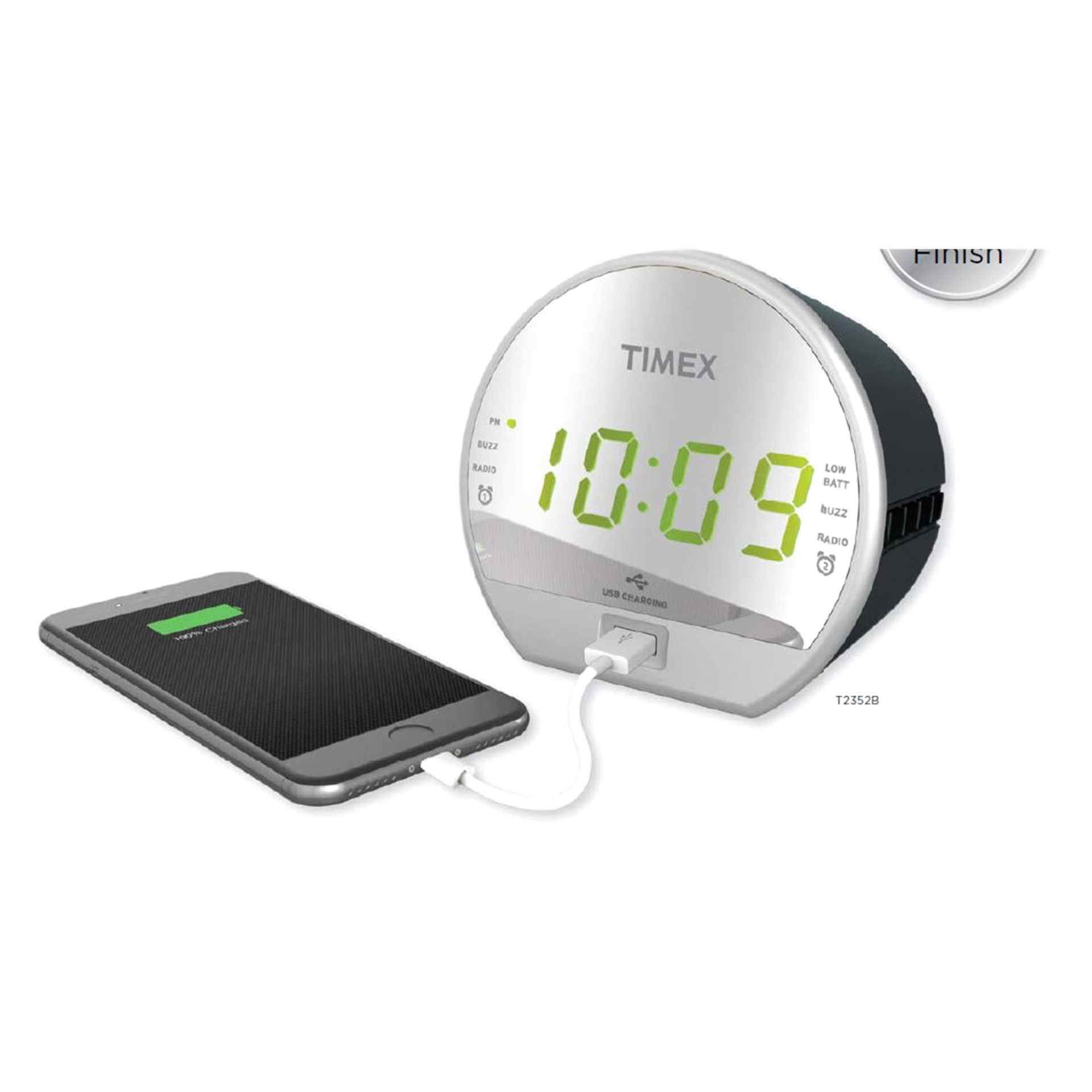 slide 1 of 1, Timex T2352 Dual Alarm FM Clock Radio with USB Charging and Mirror Finish, 1 ct