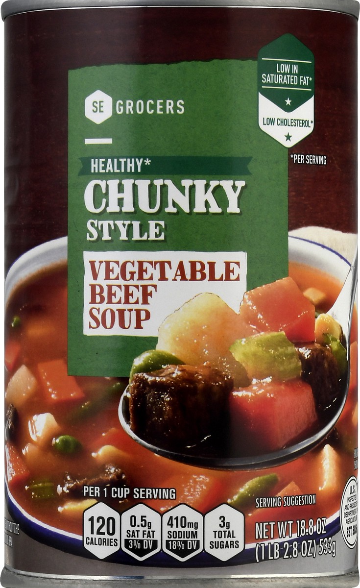 slide 1 of 12, SE Grocers Healthy Chunky Vegetable Beef Soup, 18.8 oz