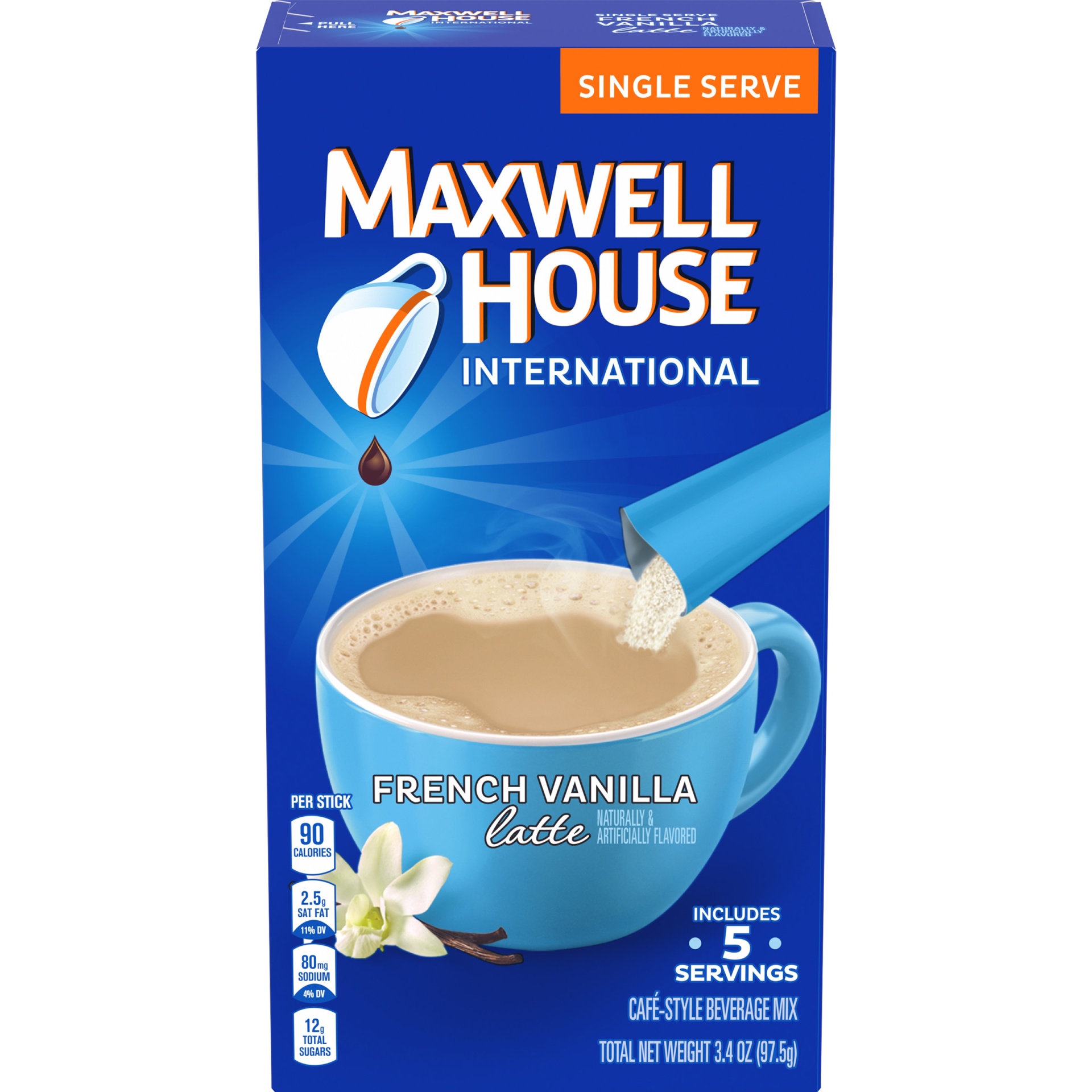 slide 1 of 6, Maxwell House International French Vanilla Latte Cafe-Style Single Serve Instant Coffee Beverage Mix Sticks, 5 ct; 3.4 oz