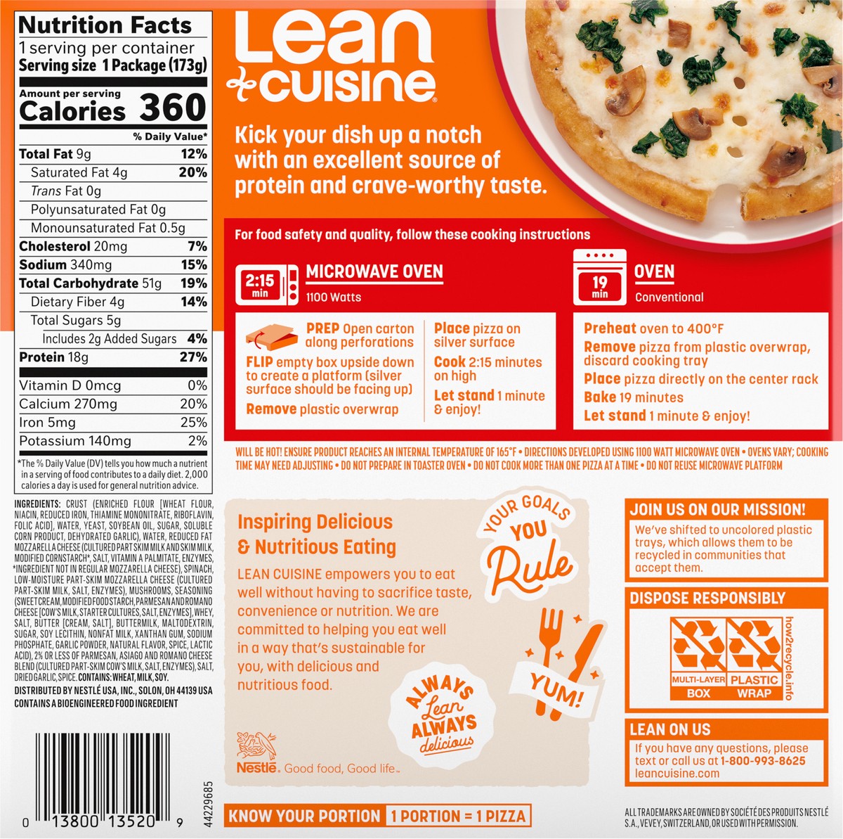slide 14 of 14, Lean Cuisine Frozen Meal Spinach and Mushroom Frozen Pizza, Protein Kick Microwave Meal, Microwave Pizza Dinner, Frozen Dinner for One, 6.12 oz