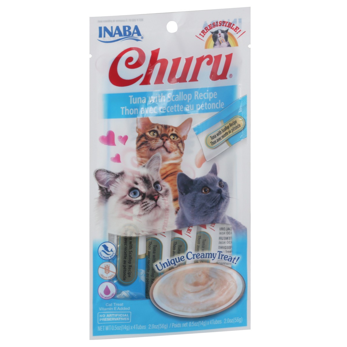 slide 9 of 9, Inaba Churu Cat Treats, Grain-Free, Lickable, Squeezable Creamy Purée Cat Treat with Vitamin E & Taurine, 0.5 Ounces Each Tube, 4 Tubes, Tuna with Scallop Recipe, 0.5 oz