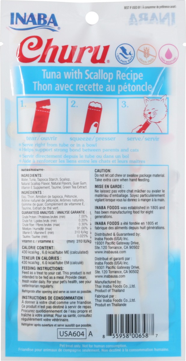 slide 6 of 9, Inaba Churu Cat Treats, Grain-Free, Lickable, Squeezable Creamy Purée Cat Treat with Vitamin E & Taurine, 0.5 Ounces Each Tube, 4 Tubes, Tuna with Scallop Recipe, 0.5 oz
