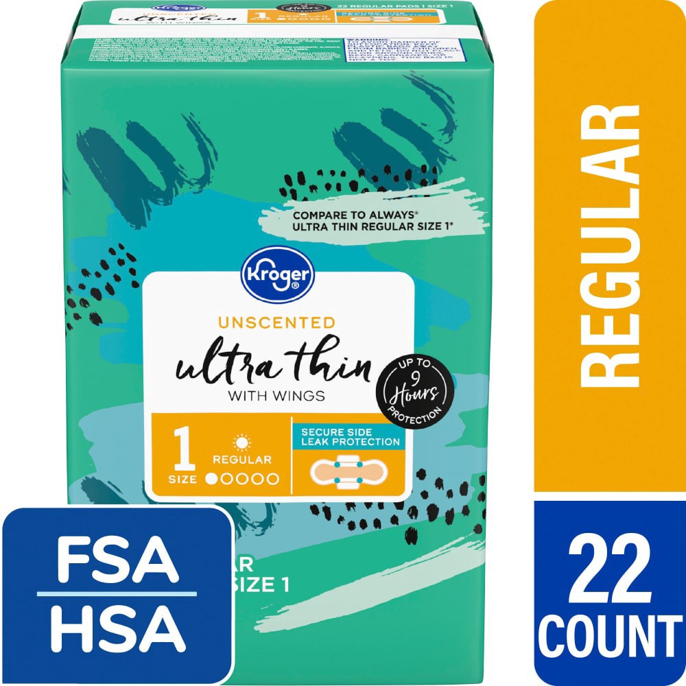 slide 1 of 5, Kroger® Ultra Thin Pads with Wings Regular Size 1 Unscented, 22 ct