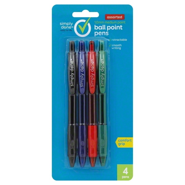 slide 1 of 1, Simply Done Ball Point Pens, Retractable, Medium Point (1.0 mm), Assorted, 4 ct