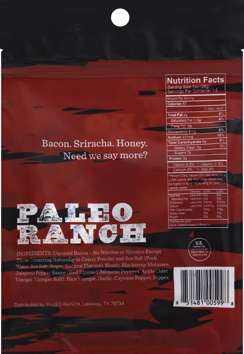 slide 6 of 7, Paleo Ranch Uncured Pork Honey Sriracha Flavor Bacon Jerky 1.5 oz, 1.5 oz