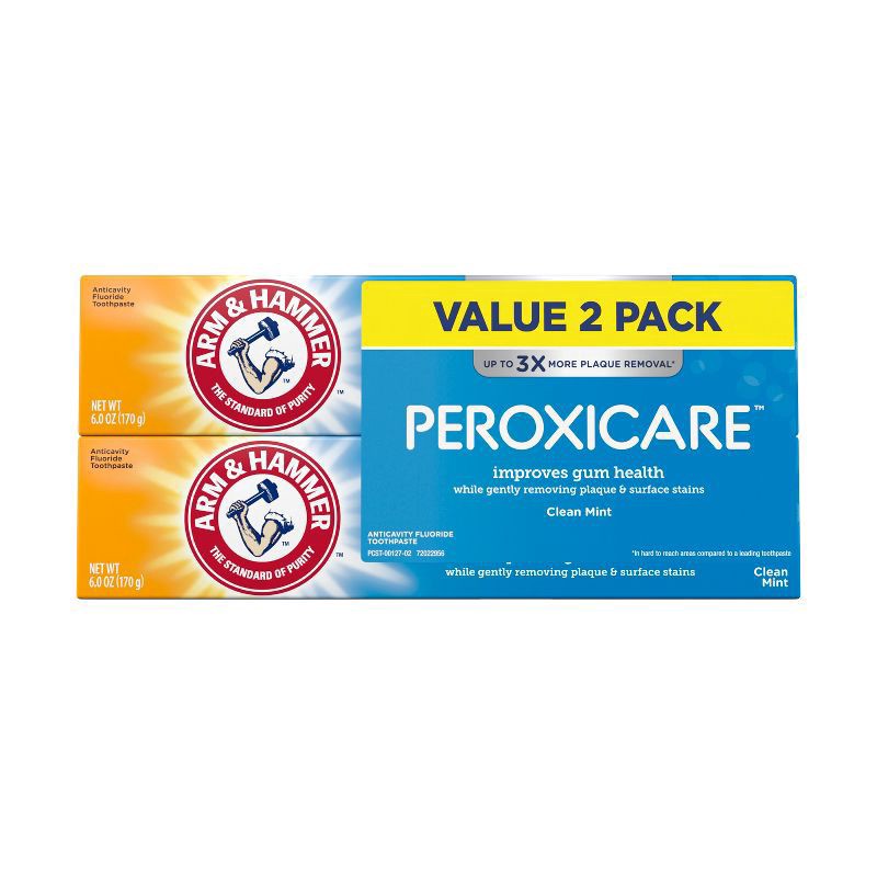 slide 1 of 9, ARM & HAMMER Peroxicare Toothpaste, TWIN PACK (Contains Two 6oz Tubes) – Clean Mint- Fluoride Toothpaste, 12 oz