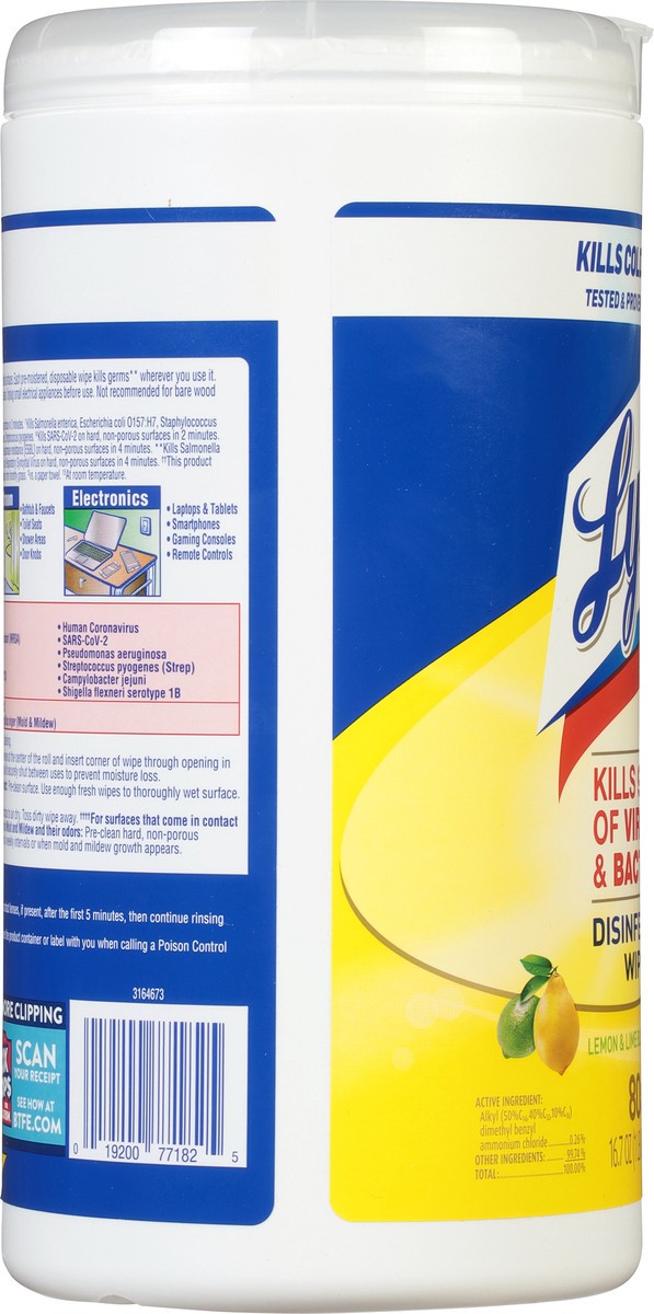 slide 5 of 9, Lysol Disinfectant Wipes, Multi-Surface Antibacterial Cleaning Wipes, For Disinfecting and Cleaning, Lemon and Lime  Blossom, 80 Count, 80 ct
