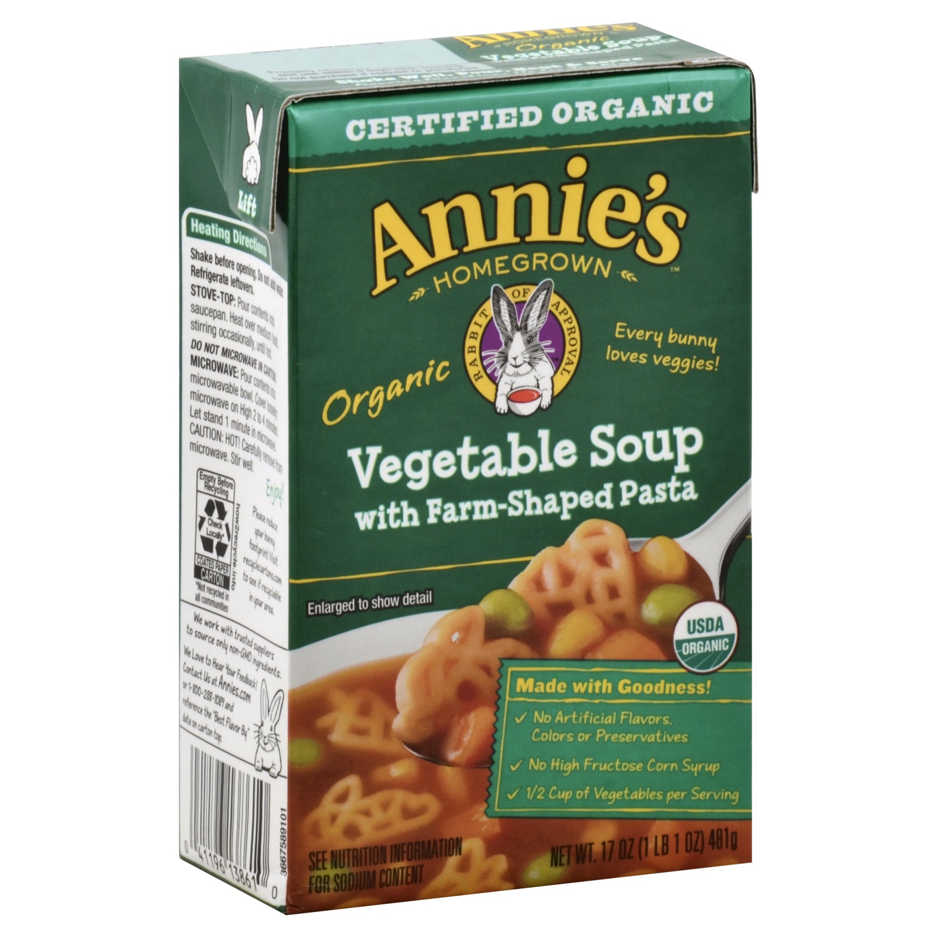 slide 1 of 1, Annie's Organic Vegetable Soup with Farm-Shaped Pasta, 17 oz