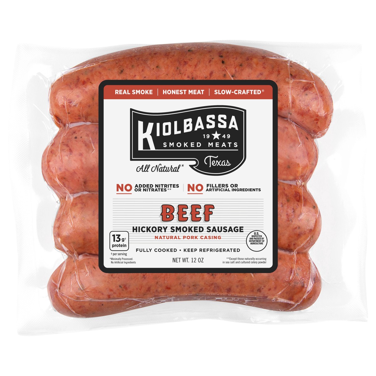 slide 1 of 5, Kiolbassa Beef Hickory Smoked Sausage, 13 oz